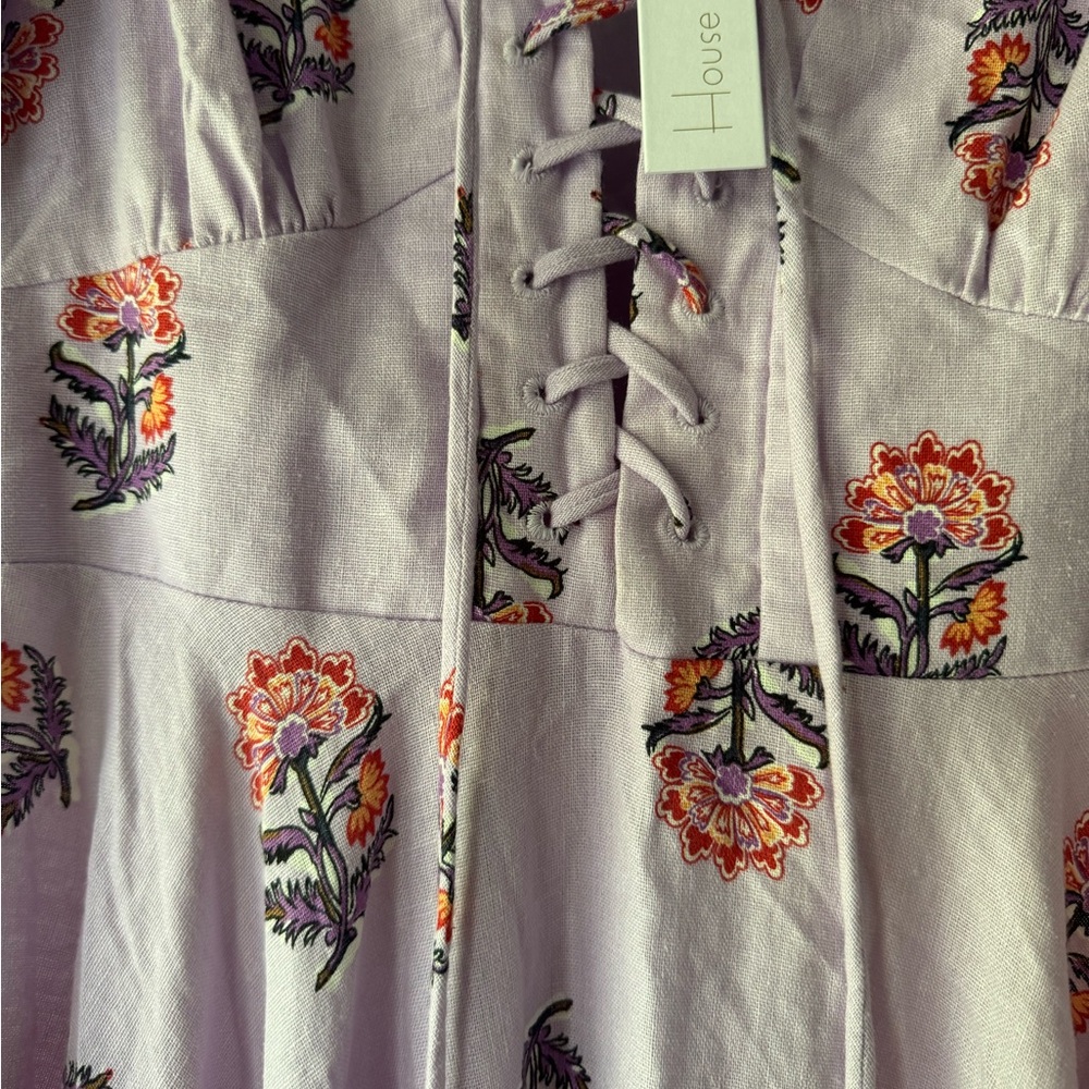 NWT House of Harlow 1960 Lavender Puff Sleeve Corset Linen Dress